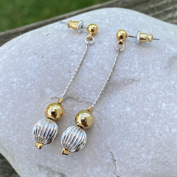Beaded drop ball earrings silver and gold tone - Picture 2 of 5